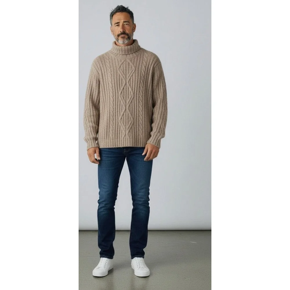 Banana Republic Beige Italian Wool Blend Turtleneck Cable Fisherman Sz XL